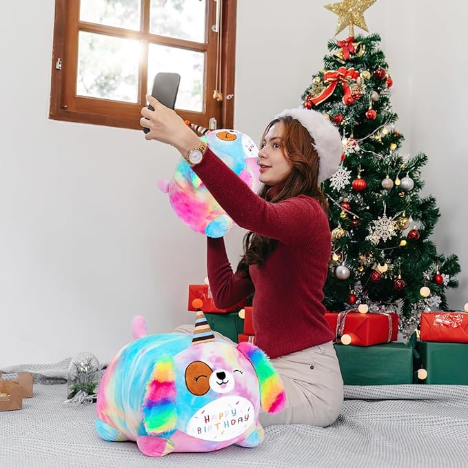 Happy Birthday Plush Toy, Cute Birthday Puppy Stuffed Animal, Colorful Dog Plush Pillow for Girls & Kids (40cm/15.7inch)