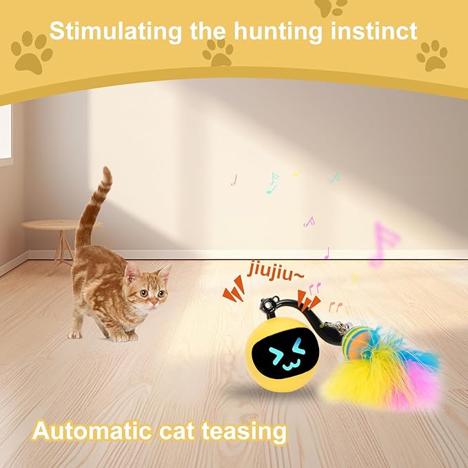 Interactive Cat Toy Ball,Simulated Hunting Remote Control Cat Toy,Electric Cat Automatic Ball Fast Rolling in Pouch, Motion Activate Chirping Hide and Seek Cat Toy (Yellow Ball)