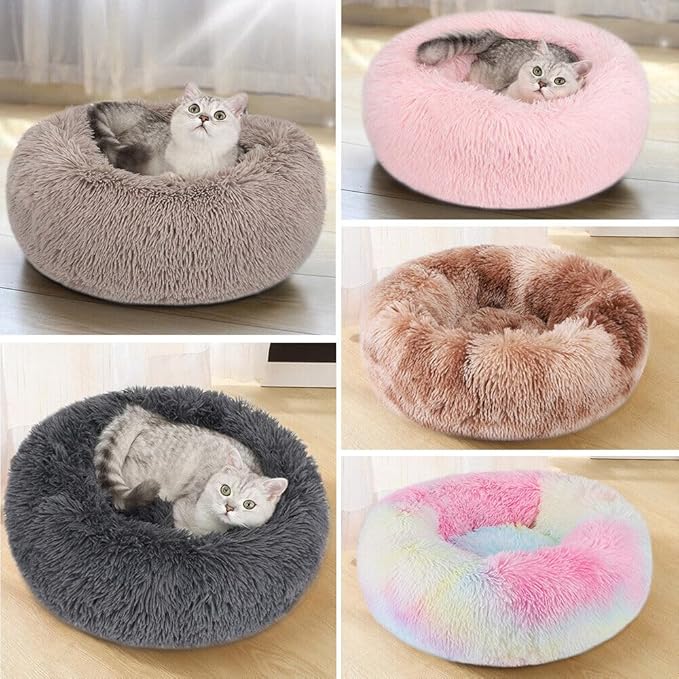 Cat Beds for Indoor Cats - Cat Bed Washable 24 inches, Dog Beds for Small Medium Dogs, Anti Anxiety Round Fluffy Plush Faux Fur Cat Bed, Thick Bottom (Dark, Large)