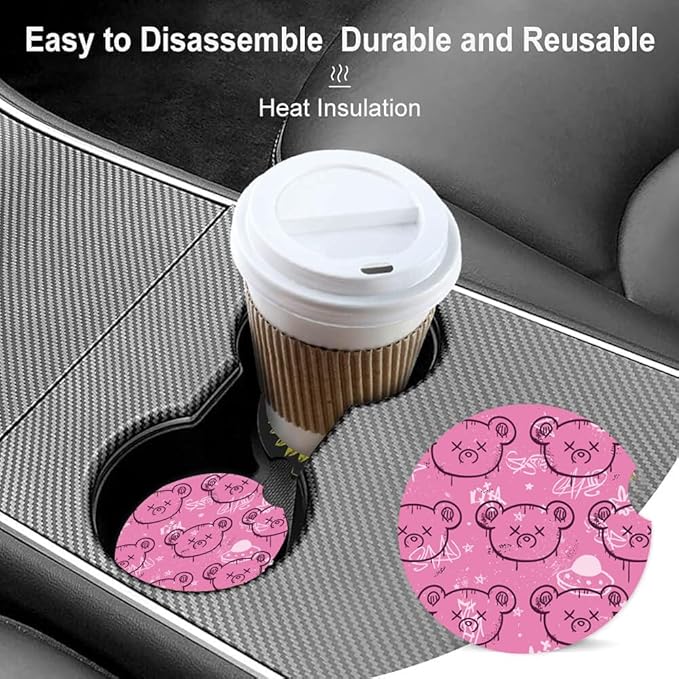 Absorbent Car Cupholder Coaster 2 Pack, Cute Car Coasters with a Finger Notch for Women & Men,2.56" Ceramic Stone & Non-Scratch Cork Base Drink Coasters, Cute Auto Accessories Gifts