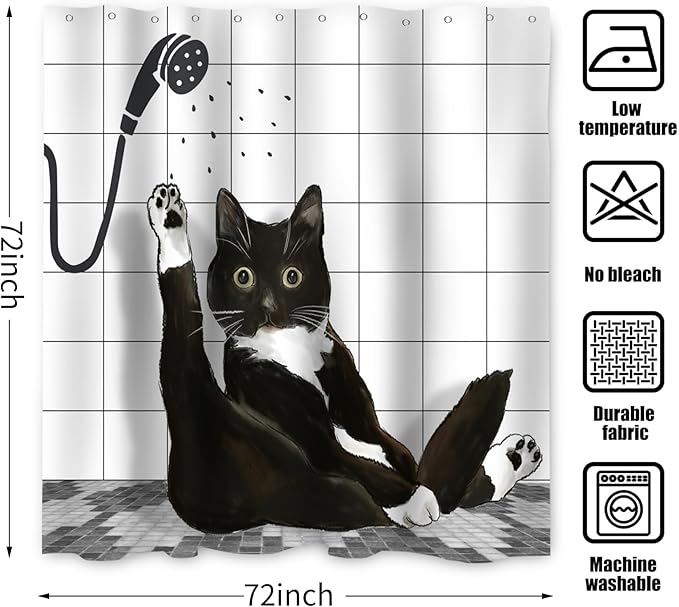 Black Cat Shower Curtain, Funny Kitty Animal Plaid Machine Washable Waterproof Durable Fabric for Bathroom Decor Bathtub with 12 Hooks 72x72