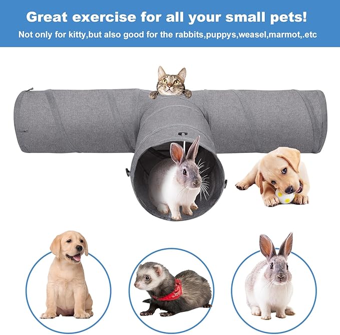 Ownpets Cat Tunnel, Extra Large 3 Way Collapsible Kitty Tunnel Cat Tube with Plush Ball & Feather Toy, Cat Play Tunnel for Large Cat, Kitten, Puppy, Rabbit(12 inches in Diameter)
