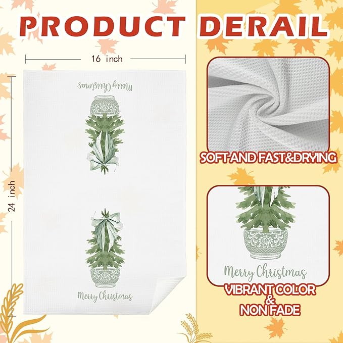 Merry Chinoiserie Christmas Kitchen Towels, Sage Green Porcelain Tree Hand Towels for Bathroom, Bow Dish Towels, Kitchen Bathroom Decor, 16x24 Inch