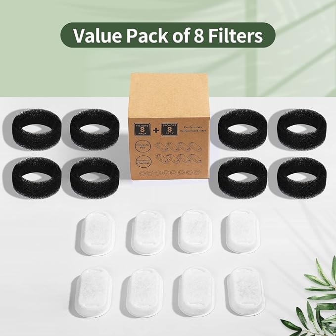 16 Pcs-8 Pack Cat Fountain Filters with 8 Sponges, Pet Replacement Filters for Stainless Steel 108oz/3L, 67oz/2L Pet Fountain