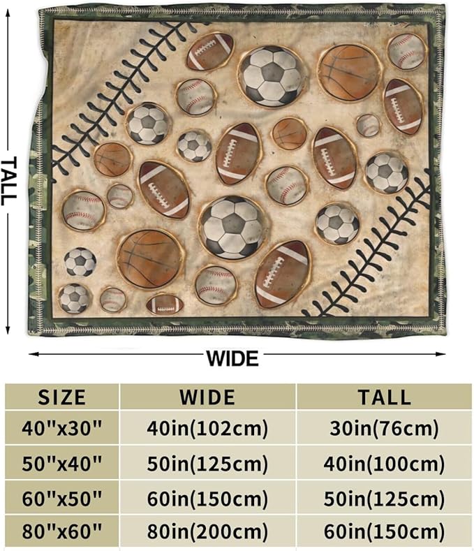 Vintage Sports Soccer Blanket Ultra Soft Cozy Plush Baseball Basketball Football Throw Blanket Sport Ball Fans Lovers Gifts Kids Adults Lightweight Flannel Comfy Blankets for Couch Sofa Bed 60"x50"