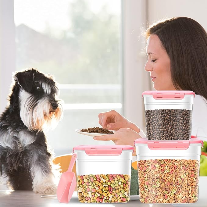 3 Pieces Animal Food Storage Containers, Plastic Dog Food Storage Container with Spoon, 4 Seal Buckles Pet Food Storage Containers for Dog Cat Treats(3.8 L+ 2.3L +1.2L)