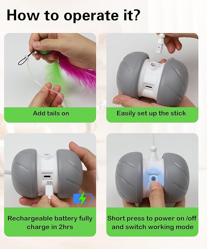 Interactive Cat Toys for Indoor Cats, Motion Activated Cat Toys, Automatic Cat Toy with Extra Long Feather Wand, Cat Mouse Toys,USB Rechargeable (Gray)