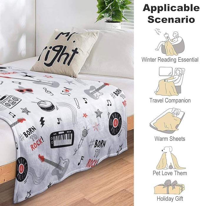 Rock and Roll Band Throw Blanket Music Electric Guitar Piano Drum Print Blankets Gifts Couch Sofa Bed Stuff Decor Soft Cozy Fleece Plush Flannel Bedding for Lover Men Women Musician Adults 50"x60"