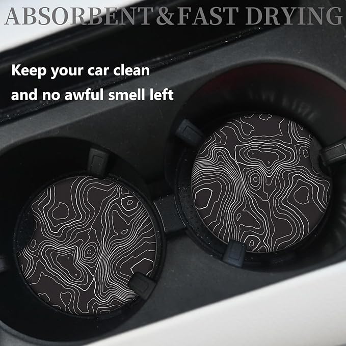 Black Contour Map Cute Cup Holder Coasters,Car Coasters for Cup Holders,Cute Car Accessories for Women Interior, 2 Pack Absorbent Universal Neoprene Car Coasters with Finger Slot