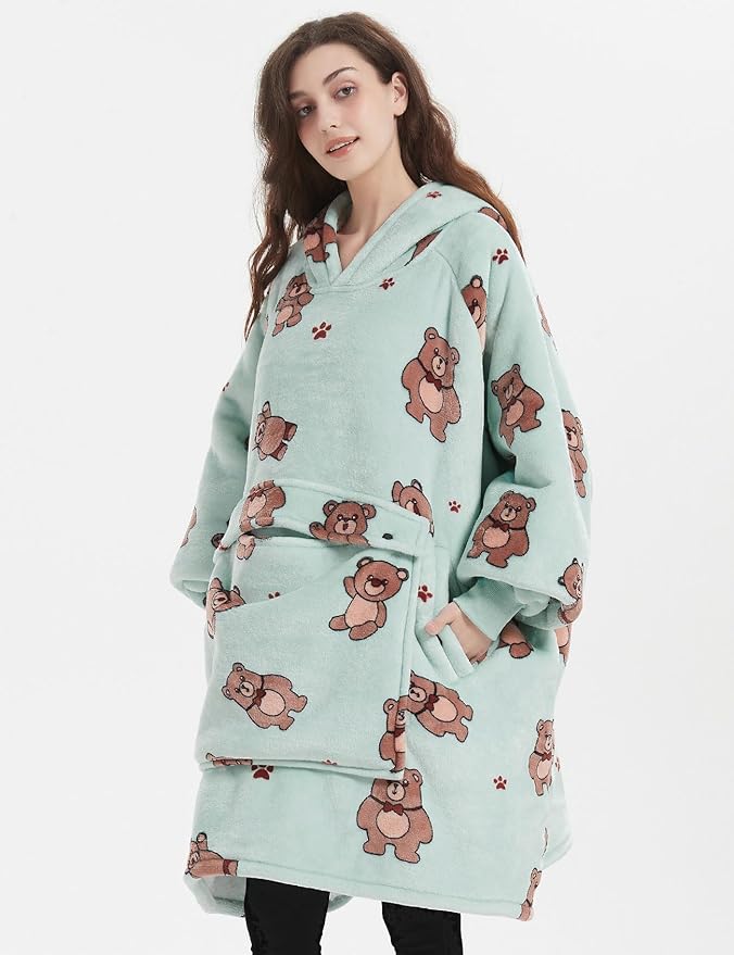 KFUBUO Wearable Blanket Hoodie for Adults Sherpa All Patterns Bear Oversized Sweatshirt Blanket with Pockets Cute Birthday Gifts for Women Green