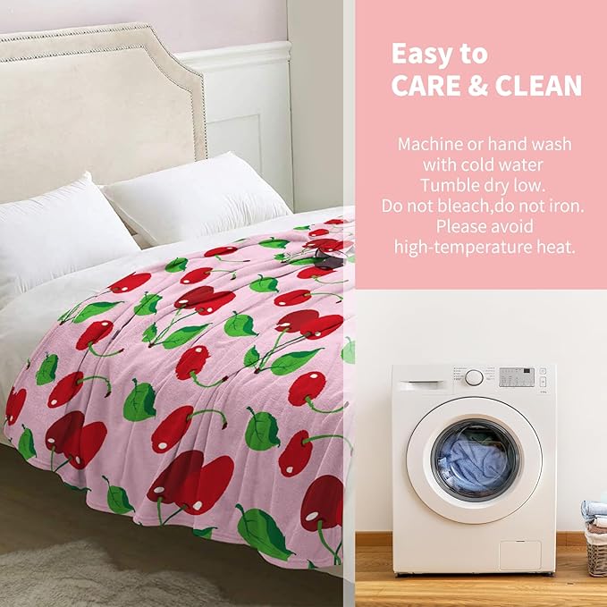 Cherries Blanket Gifts for Women Girls Mom Kids Adults Teen Birthday Christmas Valentine Present Pink Cherry Fruit Theme Decor Home Bedroom Living Room Sofa Couch Soft Cozy Plush Fleece Throw 60"x50"