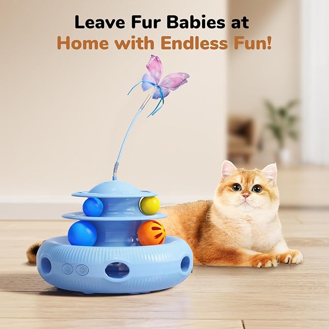 Cat Toys, 4-in-1 Rechargeable Automatic Interactive Cat Toy with Fluttering Butterfly, Random Moving Ambush Feather, Two-Tier Track Balls, 5H Smart Standby, Touch-Activated (Blue)