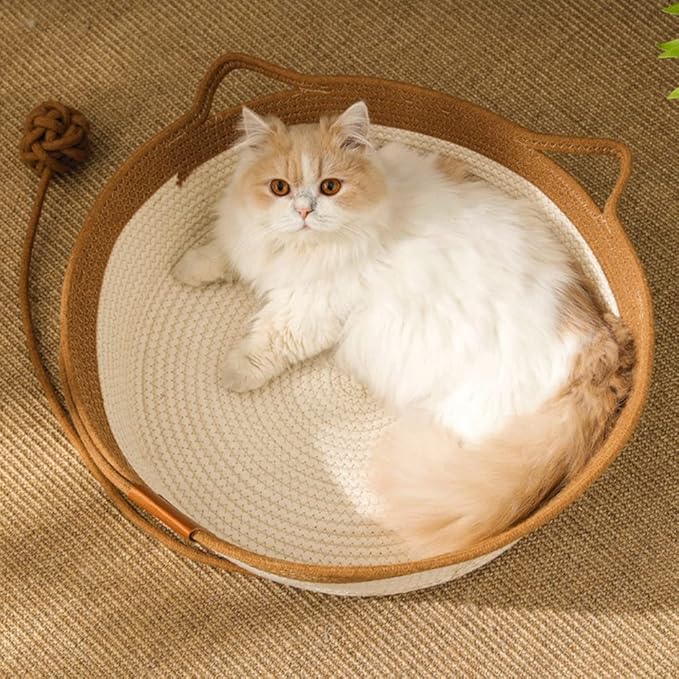 Handwoven Cotton Rope Cat Bed Cat Hammock Foldable Sleeping Nest Basket Handmade Natural Cradle Scratcher Cuddler for Kitten Cute Style with a Playing Rope Ball