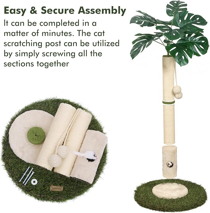 Cat Scratching Posts Cat Trees 35.43" Tall with Sisal Rope Cat Toy and Hanging Ball for Indoor,Wooden Palm Tree Cat Scratch Pole for All Cat(White