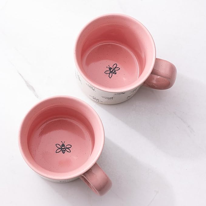 AmorArc 22 OZ Large Ceramic Coffee Mugs, Oversized Soup Cups With Big Handle for Men Women Dad Mom, Big Mug With Textured Bees Patterns for Office & Home -Microwave Safe, 2 Pcs