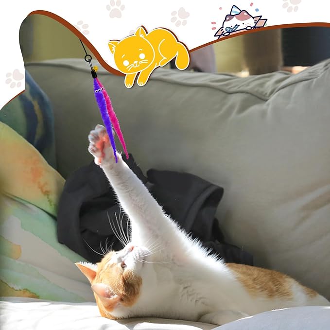 ROSAUI 14pcs Cat Feather Toys Refills Cat Wand Toy Replacement Colorful Worns Attachments, Cat Mouse Toys Refills, Cat Fishing Pole Toys for Indoor Kittens