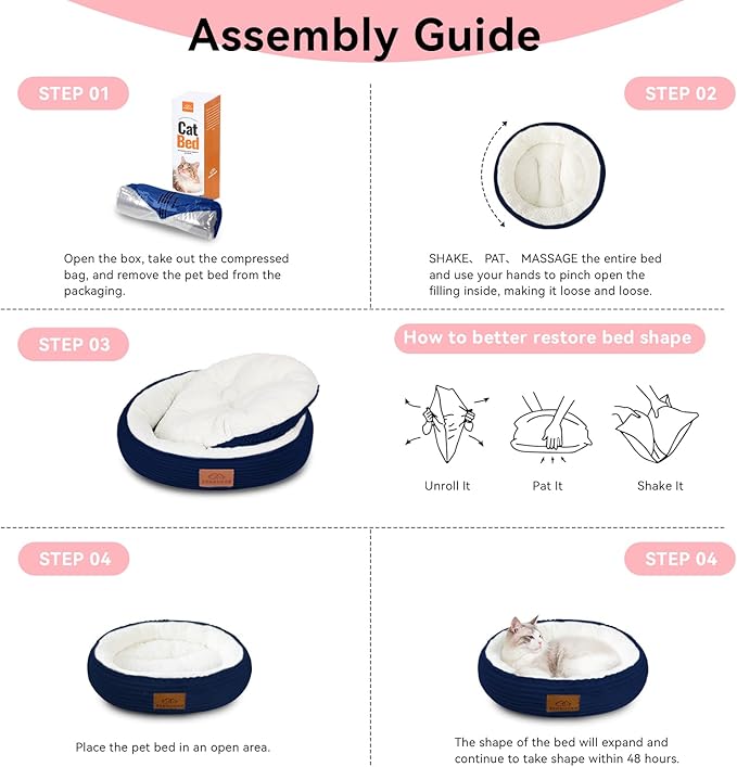 30in Round Cat Dog Bed for Large Medium Small Dogs Cats, Machine Washable Sleeping Sofa, Non-Slip Bottom Breathable Soft Calming Pet Cuddler for Indoor/Outdoor/Car/Cage, Navy Blue