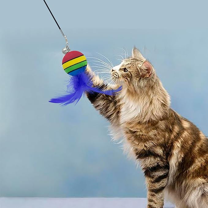 PET SHOW 5 Pack 1.4" Cat Feather Toys Balls with Bell Soft EVA Foam Colorful Rainbow Toy Balls Interactive Kitten Cats Pets Indoor Outdoor Play Activity Chase Training
