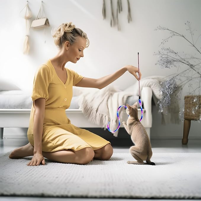 TUSATIY Cat Toys 3 Pack Set, Rainbow Cat Wand Toys, Cat String & Cat Ball with Bell & Catnip Toys, Interactive Kitten Toys for Indoor Cats(Purple Fish)