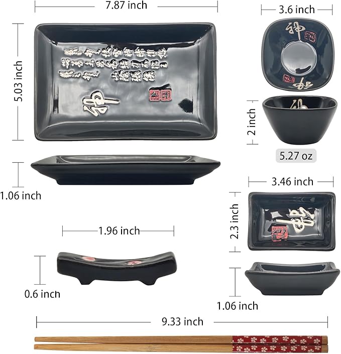 8 pcs Japanese Sushi Plate Sets Serving Platters and Trays for Entertaining Sushi Dishes Set Plates Sushi Plates Traditional Cuisine Dinnerware Sets with Chopsticks Black Shen