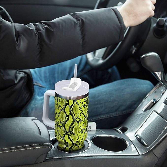 Boccsty Neon Green Snakeskin Insulated Tumblers Reusable Stainless Steel Tumbler 40 oz Cup Coffee Travel Mug Water Bottle with Handle & Flip Straw for Home Office Car