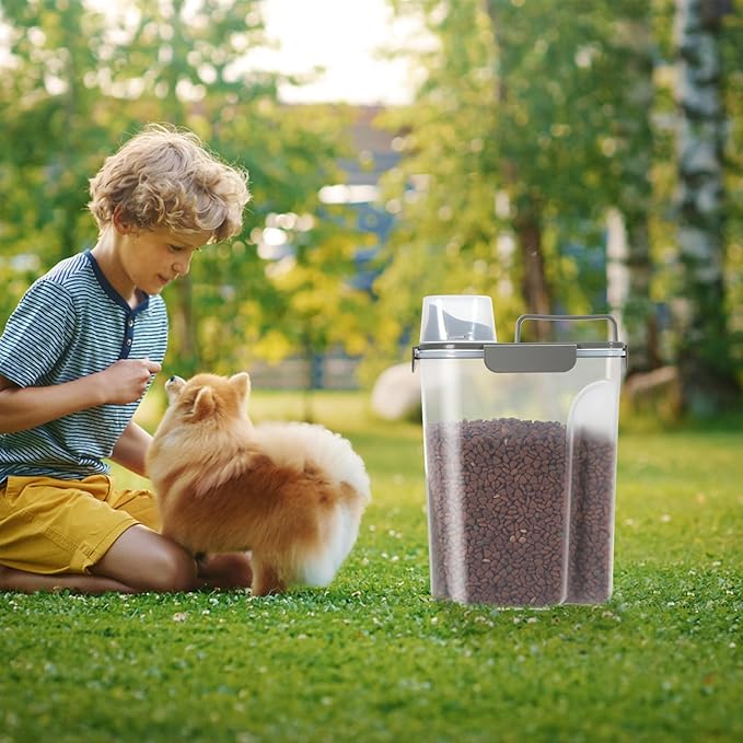 5-10LBS Rice Storage Container with Large Nozzle Design, 4 Safety Buckles, Double-Layer Sealing Strips and a Handle and Measuring Cup is Easy to Clean and Does BPA-free.