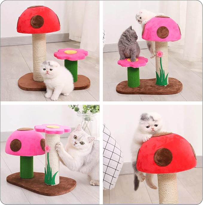 Fhiny Mushroom Cat Scratching Post, Natural Sisal Kitten Scratcher Claw Pole Cute Kitty Toy for Indoor Kitten Training Interactive Small Cats Tree