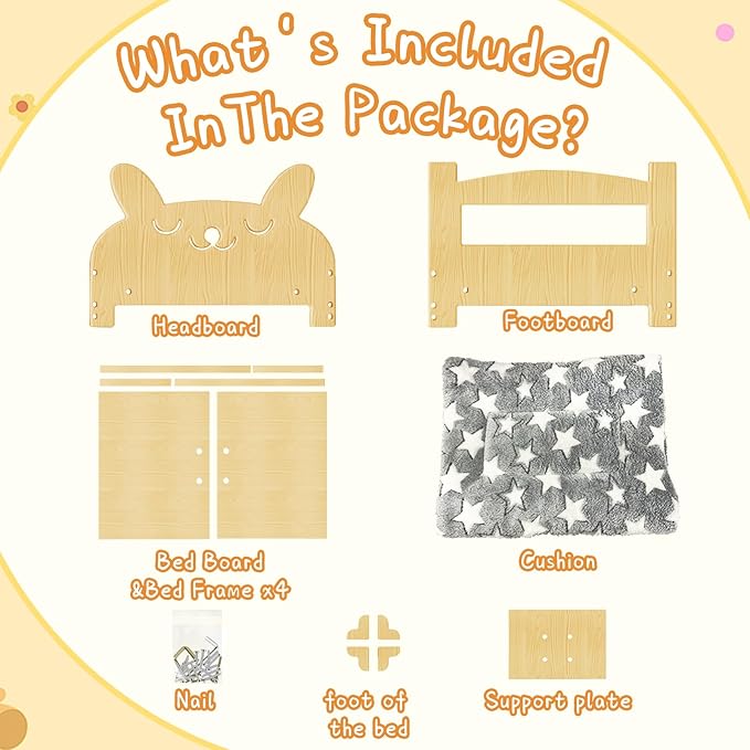 Larged Wooden Rabbit Bed, with Reinforced Bottom Support, Wooden Pet Bed with Removable Cushion, Designed for Small Pets, Suitable for Kittens,Bunny, Guinea Pigs, Puppies, Ferrets Sleeping Pet Bed