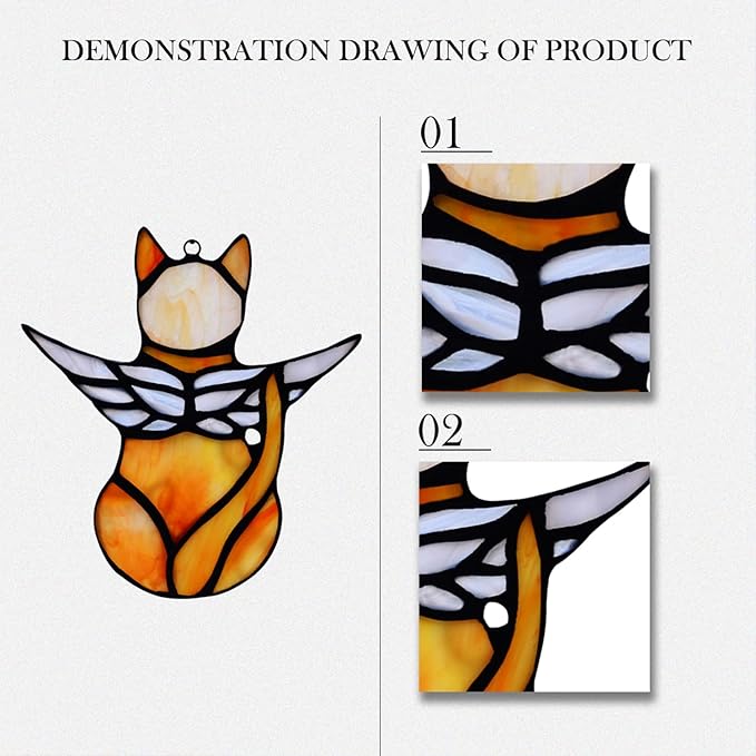 BOXCASA Angel Cat Memorial Gifts Ornaments,Stained Glass Window Hanging Decorations,Angel Wings Orange Cat Suncatcher Decor,Cat Lovers Gifts Ornaments,Pet Memorial Sympathy Gifts Decoration