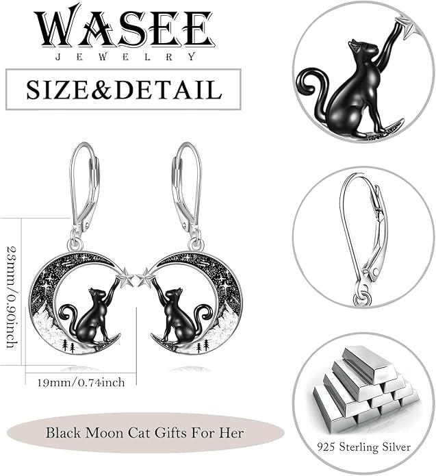 Black Cat/Bat/Spider/Pumpkin/Wolf/Bunny/Sun and Moon/Turtle/Raven 925 Sterling Silver Leverback Dangle Earrings Moon Gothic Christmas Earrings Jewelry Gift for Women