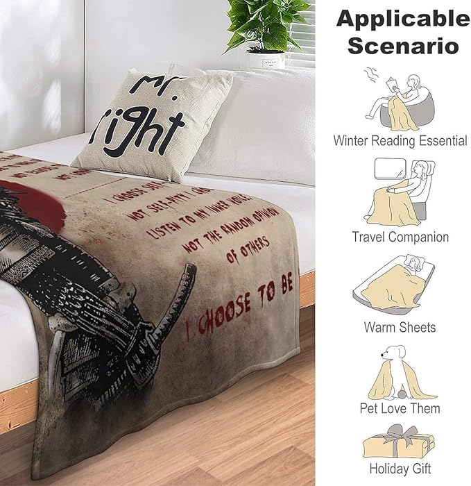 Japanese Samurai Warrior Throw Blanket I Choose Inspirational Quotes Print Blankets Gifts for Couch Sofa Bed Stuff Decor Soft Cozy Fleece Plush Flannel Bedding for Lover Men Women Adults 40"x50"