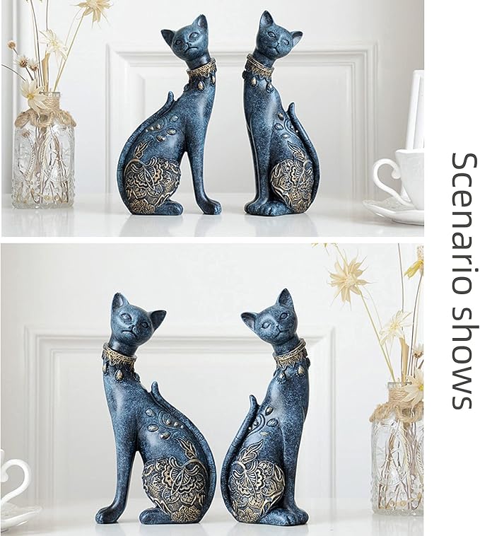 2 Pcs/set Cat Statues Home Decor, Room Decor Cat Figurines and Statues, Couple Cat Statues for Home Decor, Suitable for Living Room Wine Cabinet TV Cabinet Decoration Wedding Gift First Choice (Blue)