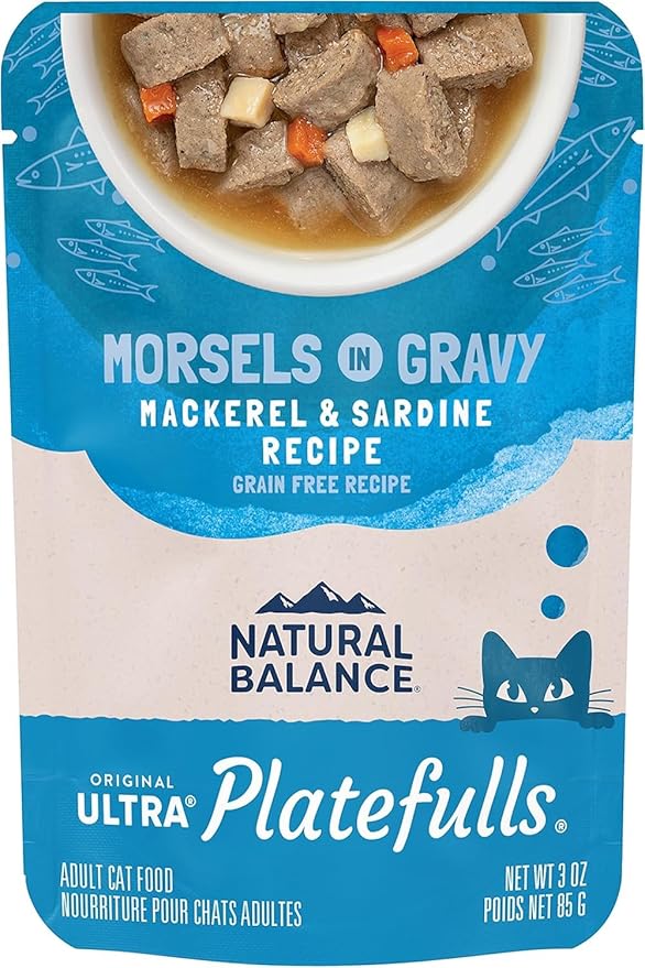 Natural Balance Original Ultra Platefulls Indoor Adult Grain Free Wet Cat Food, Mackerel & Sardine Recipe, 3 Ounce Pouch (Pack of 24)