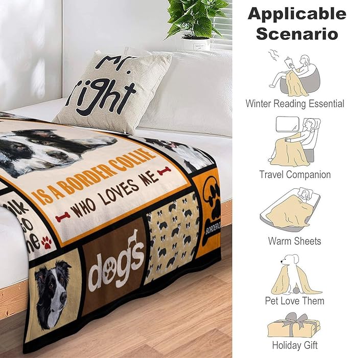 Border Collie Dog Print Blanket Best Dog Pet Animal Throw Blankets for Couch Sofa Stuff Decor Gifts Lightweight Soft Cozy Fleece Plush Warm Flannel Bedding for Lover Man Woman Teen Adults 60"x80"