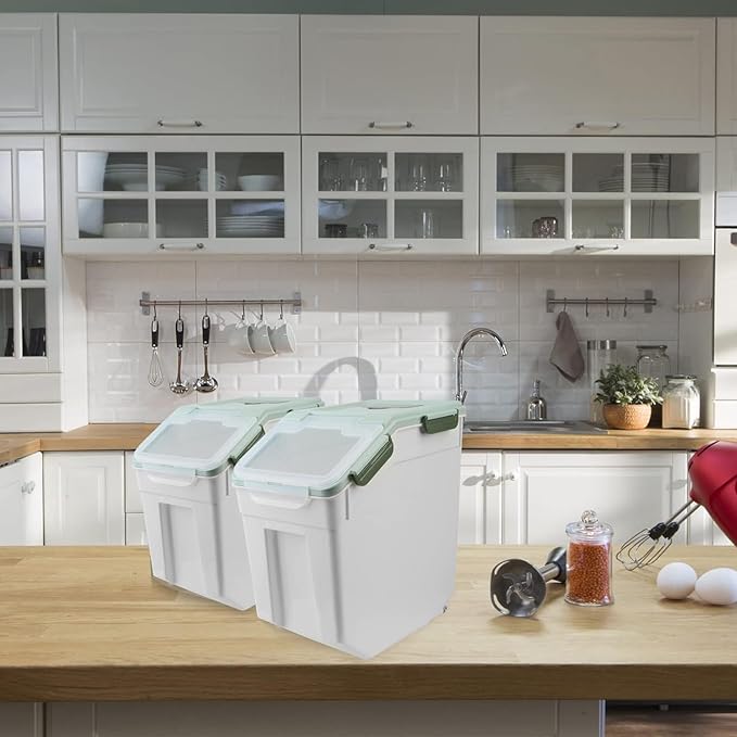 AnRui 2Pcs Airtight Flour Storage Containers 45LB, Large Rice Storage Container, Plastic Cereal Grain Dispenser Organizer Pet Dog Cat Food Storage Bin with Lid, with Measuring Cup, Scoop, Green