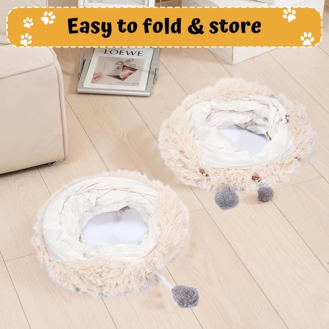 Avont Cat Tunnel Bed with Central Washable Cushion - Large Cat Tunnel Tube Toys 3 Shape to Play for Indoor Cats Kittens Puppies Ferret, Round Plush Fluffy Cat Bed with Tunnels -Beige