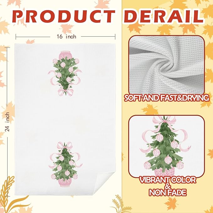 SPBL&L Chinoiserie Christmas Kitchen Towels, Pink Bow Tree Decorative Hand Towels for Bathroom, 16x24 Inch