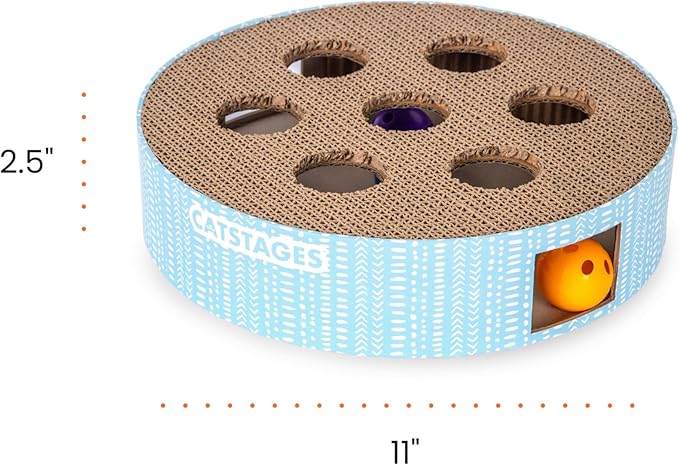 Catstages Scratch N' Hunt Puzzle Cat Toy, Cat Puzzle with Corrugated Scratcher Surface and Three Balls Inside, Blue