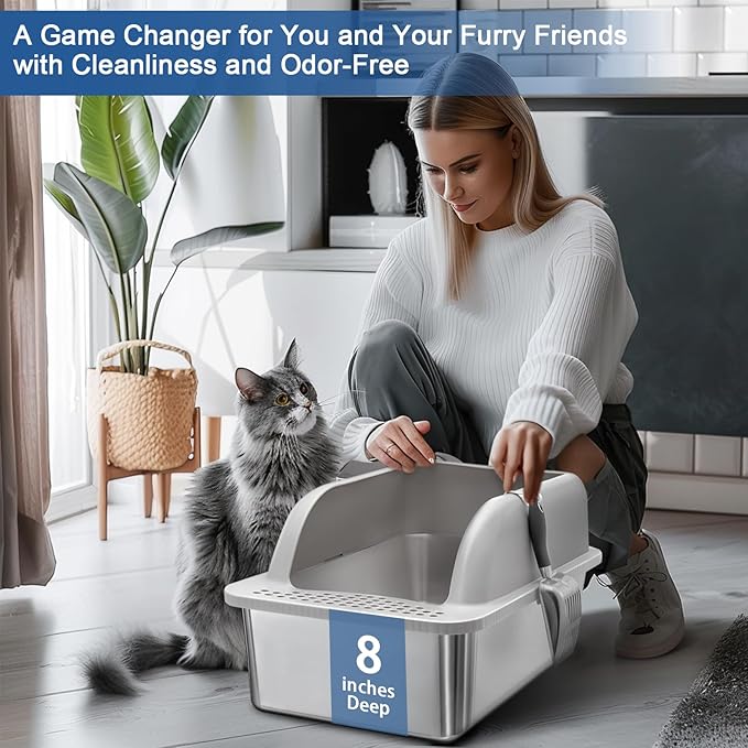 14" High Stainless Steel Cat Litter Box with Lid, Metal Litter Box for Big Cats, Stainless Steel Cat Litter Box for High Peeing Cat, XL Litter Box Easy to Clean, Non-Sticky, with Scoop