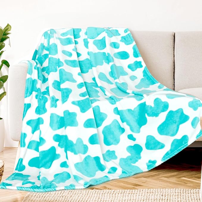 Queen Size Blanket Blue Cow Print Soft Throw Blanket Cozy Fleece Blankets for Adults