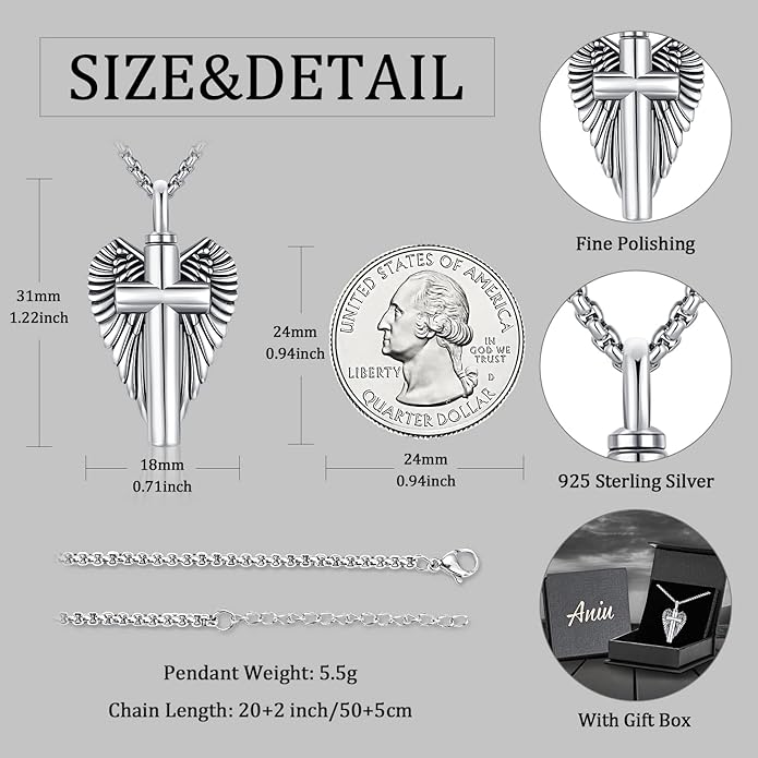 Aniu Cremation Jewelry for Ashes S925 Sterling Silver Urn Necklace Memorial Necklace for Human Ashes of Loved Ones Keepsake Pendant for Men Women