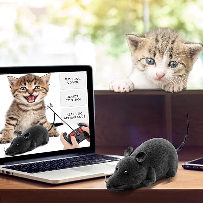 Aerbee Remote Control Rat Toy, Electronic RC Mouse Toy Emulation Flocking Rat Toy Interactive Cat Toys Pet Toys Funny Wireless Chasing Prank Joke Scary Trick Rats Animal for Pets Novelty Gift