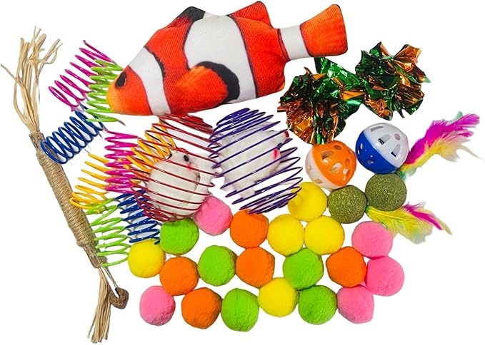 38Pcs Cat Toys,Plastic Springs,Catnip Fish,Plush Balls,Bell Balls,Mice cage Balls,Crinkle Balls,Catnip Balls,Silvervine and Mice Cat Toys,Bite,Hunt,Indoor Cat Toys