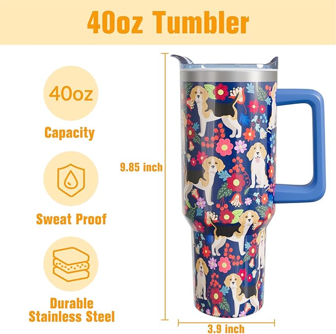 Beagle Gifts for Women Dog Lovers 40 oz Floral Beagle Tumblers with Handle and Straw, Stainless Steel Vacuum Insulated Travel Coffee Mug Cup Water Bottle