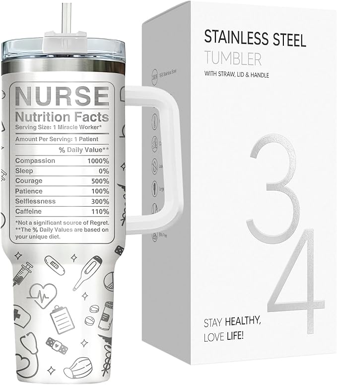 34HD Nurses Day Gifts, Engraved Nurse Tumbler with Handle and Straw 40oz, I Will Stab You Nurse Travel Cup, Funny Gifts for Healthcare Staff Coworkers Student