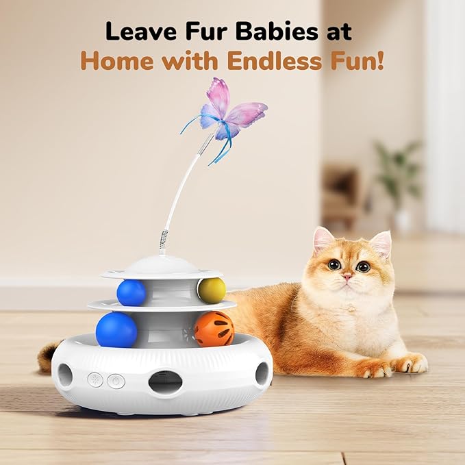 Cat Toys, 4-in-1 Rechargeable Automatic Interactive Cat Toy with Fluttering Butterfly, Random Moving Ambush Feather, Two-Tier Track Balls, 5H Smart Standby, Touch-Activated (White)