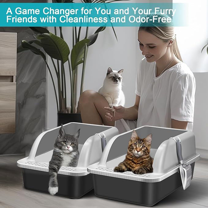 2 Pack Extra Large Stainless Steel Cat Litter Box with Lid, High Sided Metal Litter Box for Big Cats, Hooded Large Jumbo Litter Pan Tray with High Wall Enclosure with Scoop (Black Coated)