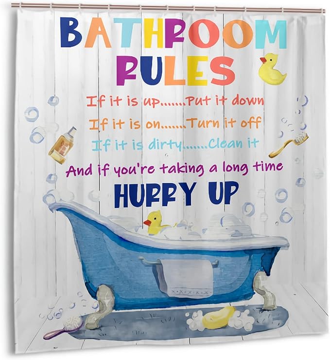 Bathroom Rules Kids Shower Curtain 72x72 Inches - Girls Boys Teen Funny Motivational Quotes Shower Curtains,Wooden Board Duck Bubble in Bathtub Fabric Bathroom Home Decor