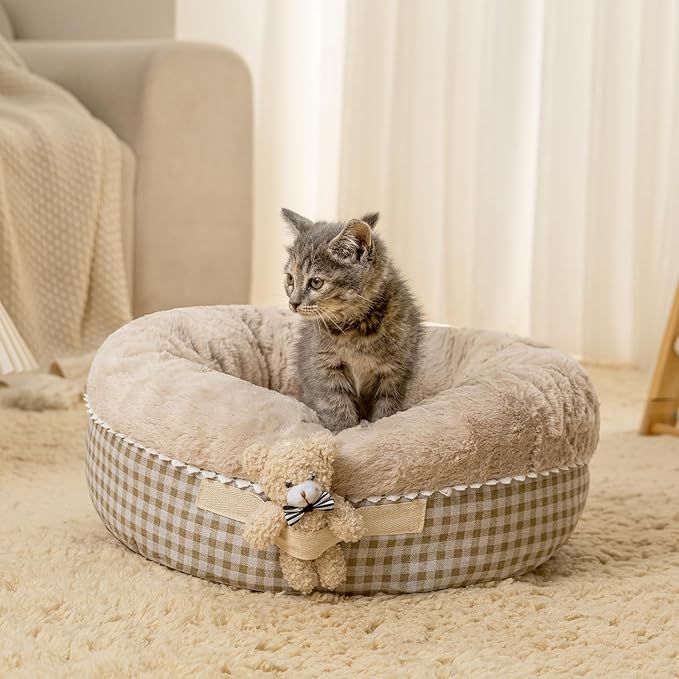 Jiupety Teddy Donut Bed for Indoor Cats, Washable & Warm Small Dog Bed, Cute Fluffy Round Kitten Bed, Suitable for Cat and Puppy, Anti-Slip Calming Princess Kitty Bed, Camel, 26"×26", Fit 25lbs