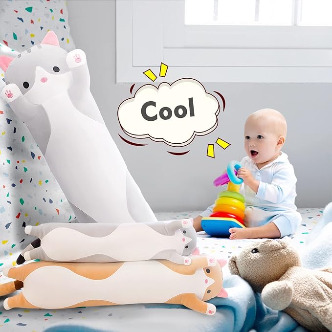 Long Cat Plush Pillow, 27.6in Cute Cat Plushie Stuffed Animals Body Pillow, Grey Kawaii Kitten Soft Plushie Doll Toy Birthday Gift for Kids Girlfriend